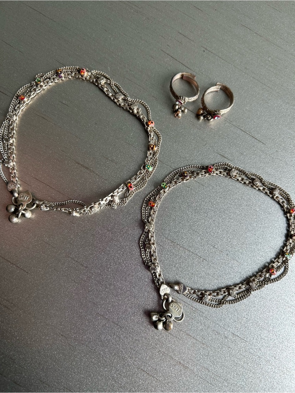 Authentic Silver Multichain Layered Anklets/ Bracelets with Color Accent & Rings